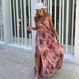 liv foster pink printed mesh tiered asymmetric ruffle maxi gown dress Sz 2 small